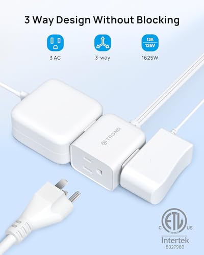 Rightward Flat Plug Extension Cord Short 3ft for Tight Spaces (3 ft / Rightward 3 Prong / White)