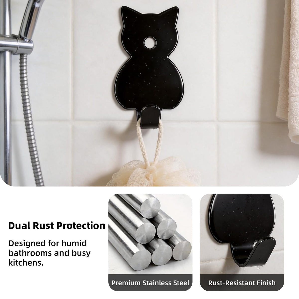 Stainless Adhesive Shower Hooks for Bathroom (Black - Cat)