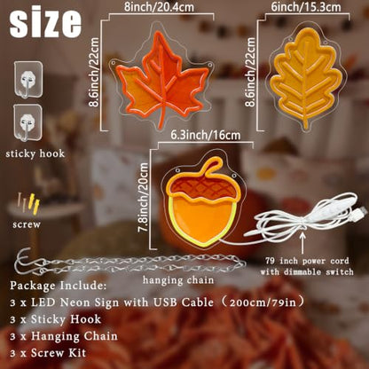 3Pcs Fall Thanksgiving Neon Signs