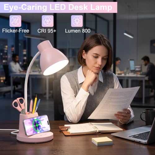 10W Wireless Charging LED Desk Lamp with Pen Holder (Pink)