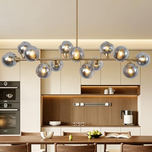 Gold Linear Chandelier 59 Inch Extra Large Sputnik Pendant Light (13 Lights Smoke Gray and Gold)