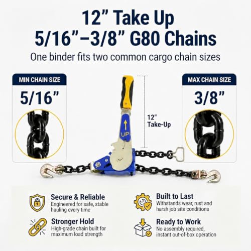 4 Pack 5/16"-3/8" EZ Ratchet Chain Binder with G70 Grab Hooks, Ratchet Load Binder Kit, 5400 lbs WLL Heavy Duty Cargo Tie Down for Flatbed Trailers & Trucks (5/16" - 3/8"(4 Pack))