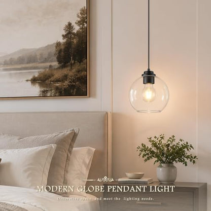 8" Globe Pendant Light 2 Pack Pendant Lights Kitchen Island Black Clear Glass Pendant Lights Height Adjustable Mid Century Modern Light Fixture for Dining Room Bedroom Foyer Bulbs Incl (Black & Clear Glass / 8 Inch)