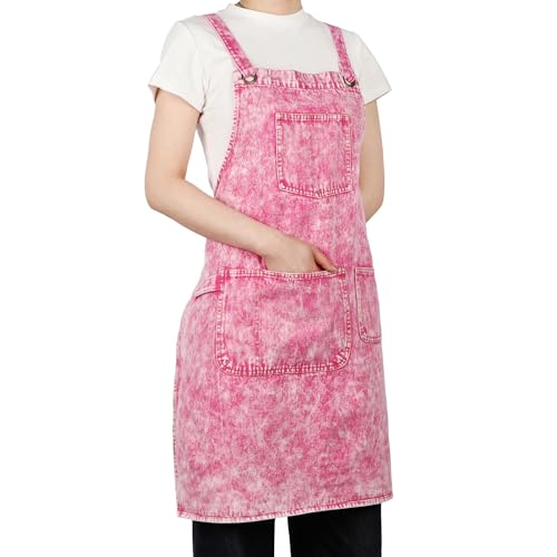 Denim Apron with Pockets and Adjustable Cross Straps for Hair Stylist Salon Nail Tech Barber Women Jean Aprons (Pink)