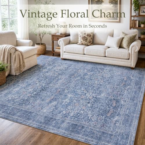 Runner Rug 2x8 Washable Vintage Floral Rug (Dusk Blue / 2' x 8' (Rectangular))