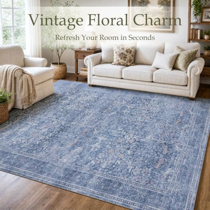 Runner Rug 2x8 Washable Vintage Floral Rug (Dusk Blue / 2' x 8' (Rectangular))