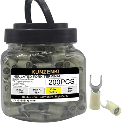 200pcs Nylon PA66 Insulated Fork Terminals (YELLOW(A.W.G12-10) / 1/4"(M6))