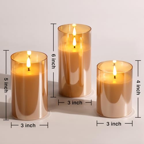 Moving Flame Glass Flameless Pillar Candles with Remote Set of 3