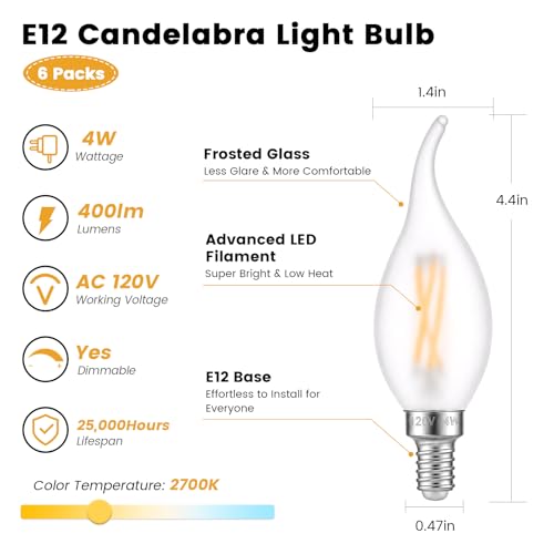 E12 LED Frosted Candelabra Light Bulbs (Frosted-4w-6 Pack)