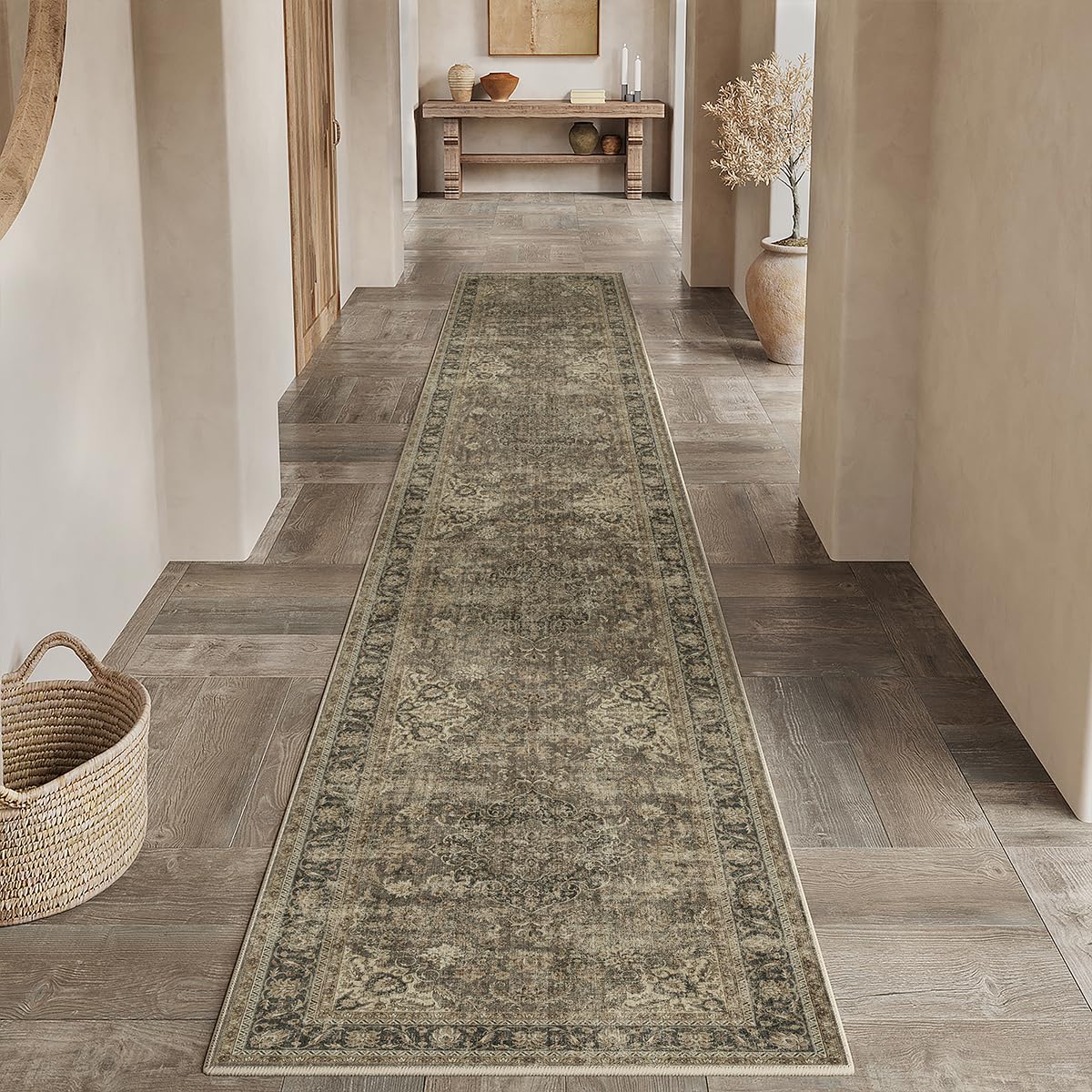 3x12 Washable Runner Rug Brown Vintage Rug for Hallway (Brown/Black / 3' x 12' (Runner))