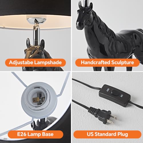22" Tall Resin Horse Lamp 3 Color Adjustable Desk Lamp Horse Statue with Fabric Shade for Bedside Bedroom Nightstand Study Room