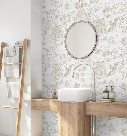 Floral Peel and Stick Wallpaper Boho Beige Contact Paper Neutral Farmhouse Vintage Wall Paper Removable Self Adhesive Wallpaper Bedroom Cabinet Bathroom Waterproof Vinyl Roll 17.3" x 78.7" (Beige and White / 17.3" x 78")