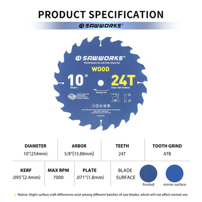 10" 24T Thin Kerf Circular Saw Blade for Wood Ripping Framing (10 In 24T)