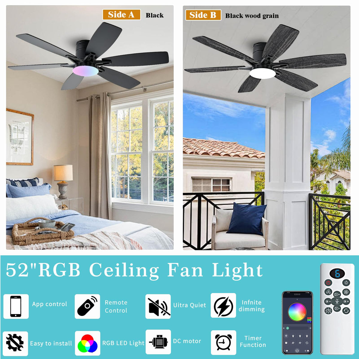 52 inch Ceiling Fan with Lights (Black+RGB)