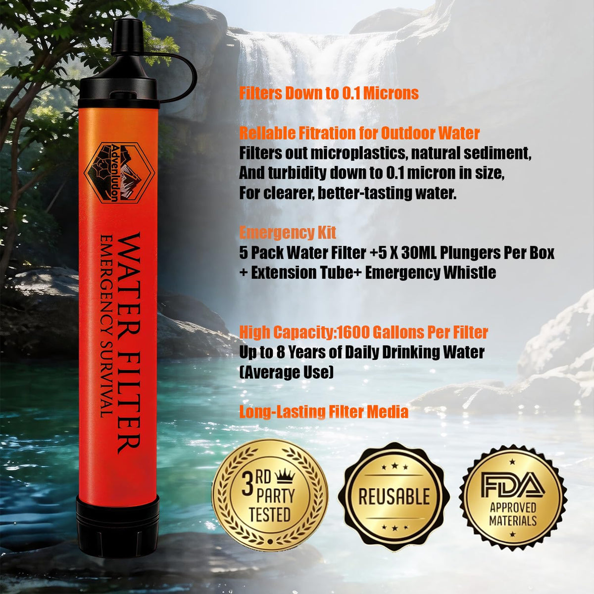 5 Pack Personal Water Filter Straw with Emergency Whistle (5-Pack(Orange) / 5-Pack)
