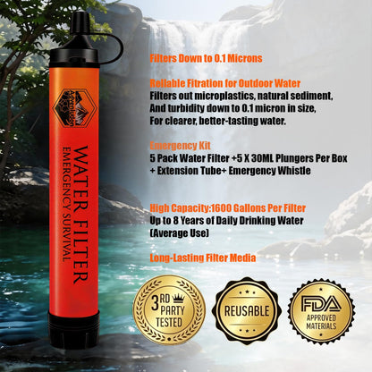 5 Pack Personal Water Filter Straw with Emergency Whistle (5-Pack(Orange) / 5-Pack)