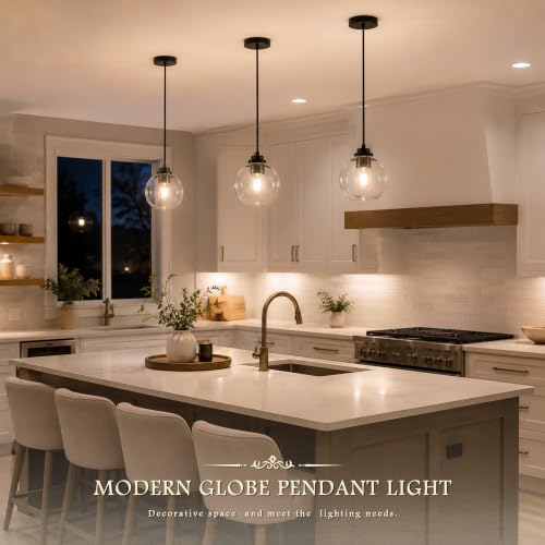 6" Black Globe Pendant Light Ribbed Glass Pendant Lights Kitchen Island Height Adjustable Mid