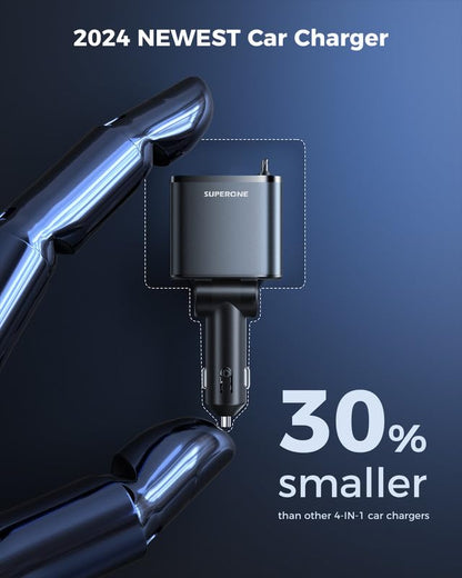 Smaller 4 in 1 Retractable Car Charger with Type C & L Cords (Polished Gray)