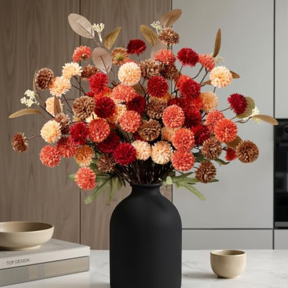 16 PCS Silk Mums Artificial Fall Flowers with Eucalyptus for Vase (Yellow Red Orange Brown)
