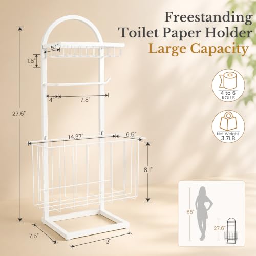 Toilet Paper Holder Stand Freestanding with Storage Basket for Bathroom (White)