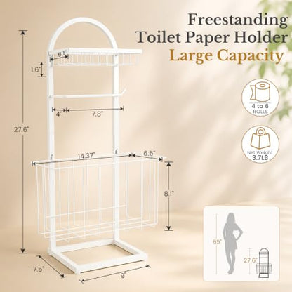Toilet Paper Holder Stand Freestanding with Storage Basket for Bathroom (White)