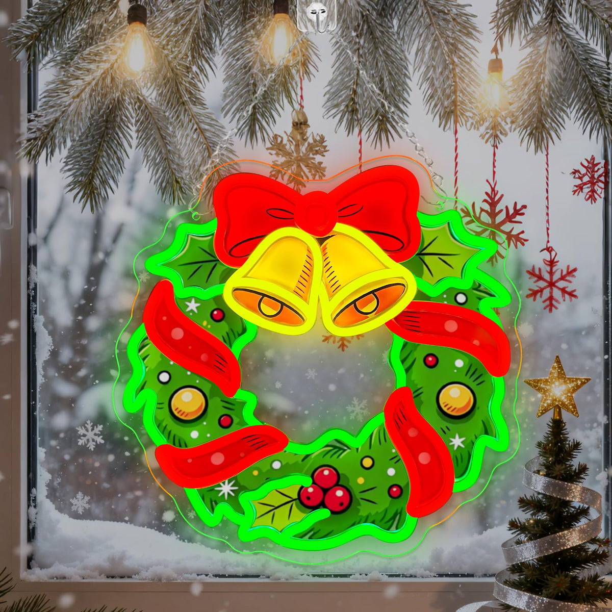 Christmas Wreath Neon Sign Dimmable Christmas Bell Bow LED Neon Light (SDHH)