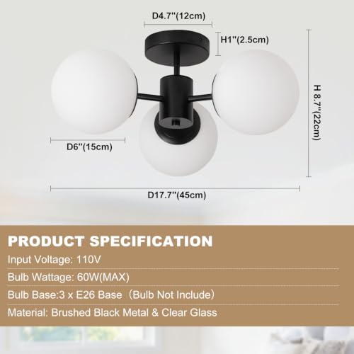 Mid Century Modern Black Semi Flush Mount Ceiling Lights (Black)