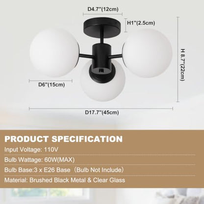 Mid Century Modern Black Semi Flush Mount Ceiling Lights (Black)