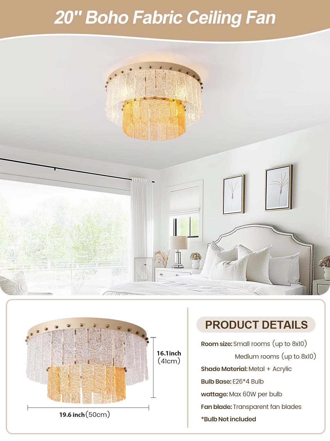 20" Gold Fandelier Ceiling Fan with Light (Flush Mount Fandelier)