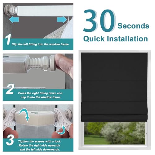 Custom Size No Drill Roman Shades Cordless Blinds Blackout for Indoor Windows (Black / Custom Size)