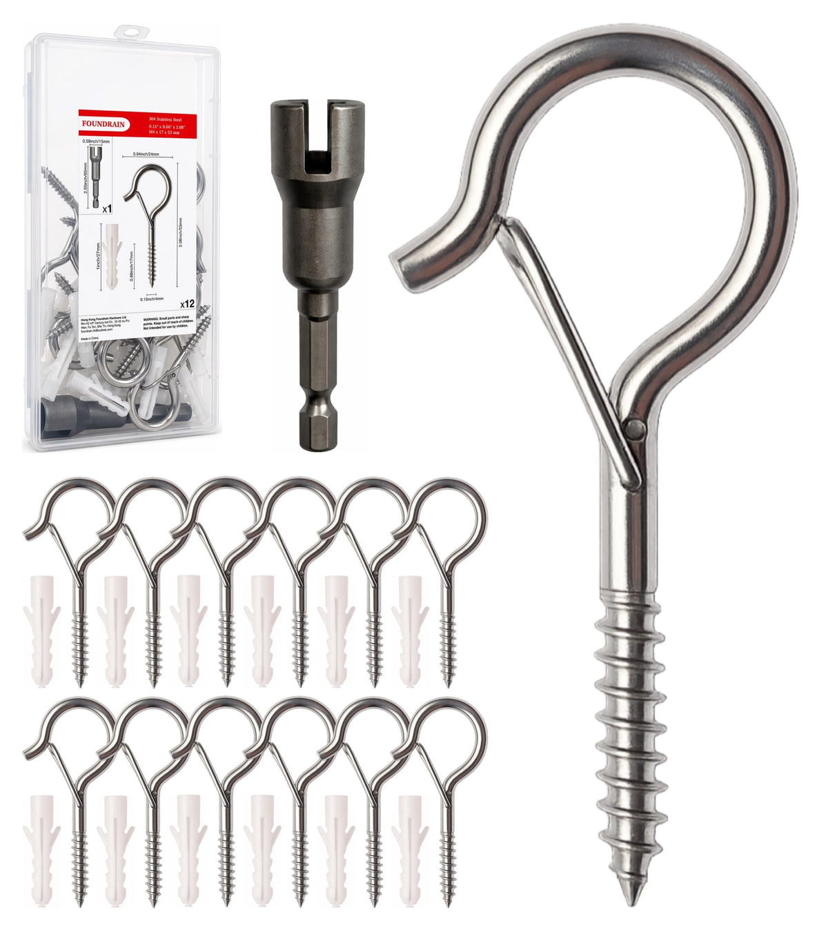 304 Stainless Steel 2 Inch Screw Eye Hooks with Driver Bit (Original / 12 PCS)