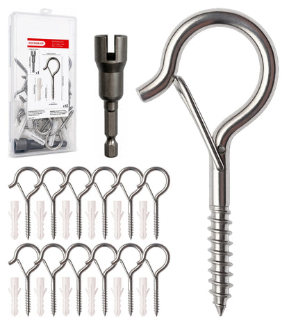304 Stainless Steel 2 Inch Screw Eye Hooks with Driver Bit (Original / 12 PCS)