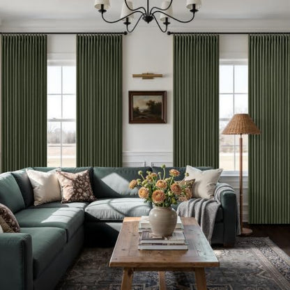 Olive Green Pleated Linen Blackout 96 Inch Curtains for Bedroom Living Room (Loden / 50"W x 96"L (Pack of 2))