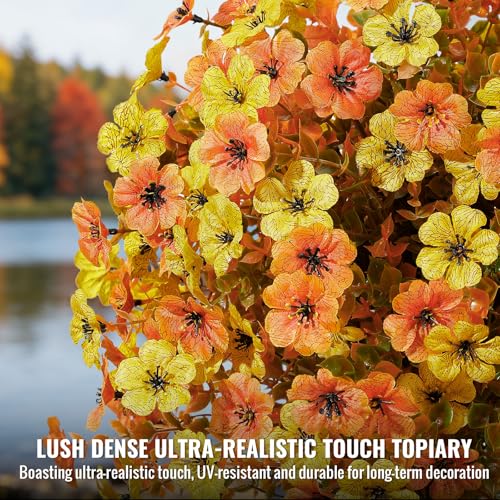 2Pcs Artificial Fall Topiary Ball Flowers for Outdoors (Orange Yellow)