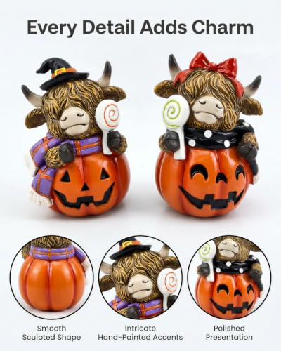 Halloween Decoration Indoor Resin Figurines (Highland Cow Jack-o’-lantern)