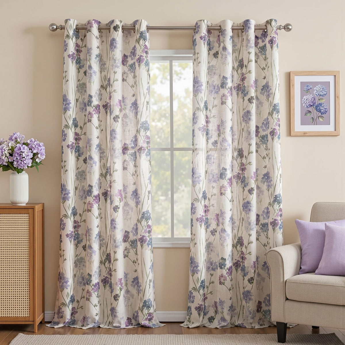 Floor to Ceiling Linen Floral Curtains 108 Inch Length 2 Panels Semi Sheer Light Filtering Farmhouse Flower Printed Window Grommet Drapes for Dining Room (Purple / 52"W x 108"L (Pack of 2))