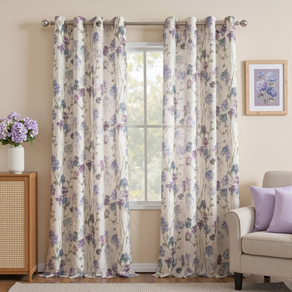 Floor to Ceiling Linen Floral Curtains 108 Inch Length 2 Panels Semi Sheer Light Filtering Farmhouse Flower Printed Window Grommet Drapes for Dining Room (Purple / 52"W x 108"L (Pack of 2))