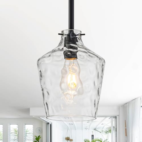 Modern Hammered Glass Pendant Lighting for Kitchen Island (Black-Rods / 7.75")