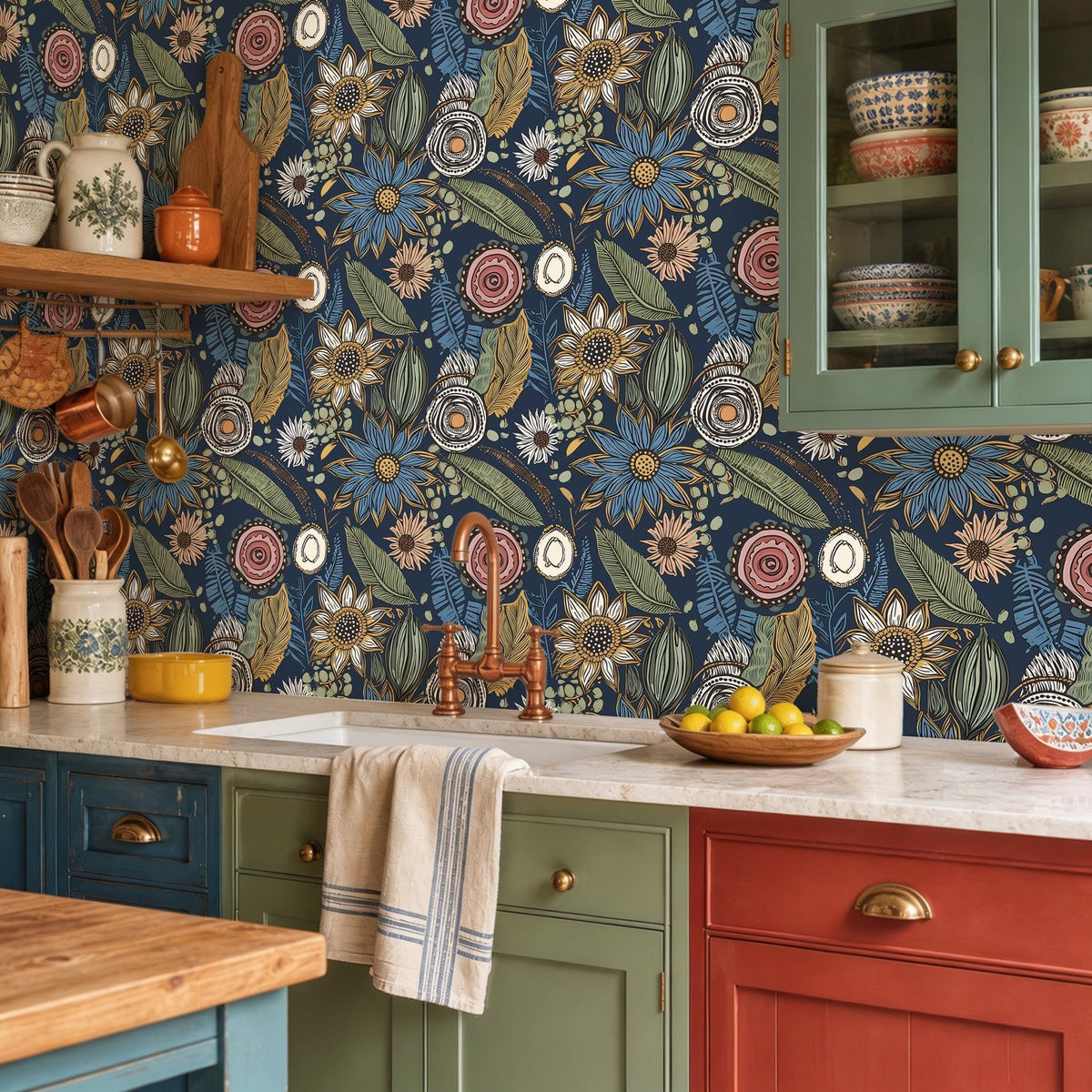 Vintage Dark Blue Boho Floral Peel and Stick Wallpaper 17.4"x78.8" (Blue with Pink / 17.4" x 78.8")