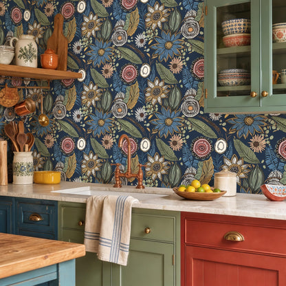 Vintage Dark Blue Boho Floral Peel and Stick Wallpaper 17.4"x78.8" (Blue with Pink / 17.4" x 78.8")