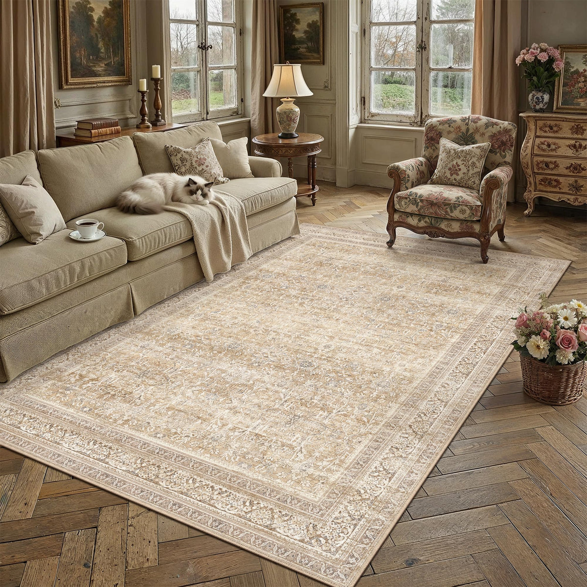 5x7 Beige Neutral Retro Area Rug (Retro | Beige / 5' x 7' (Rectangular))