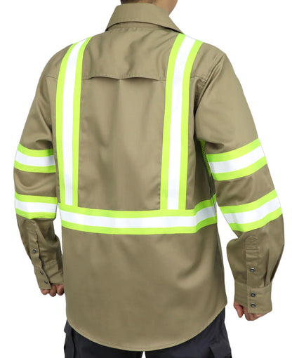 Vented FR High Vis Shirts Reflective Pearl Snaps Summer Work Safety (X-Large Tall / Khaki)
