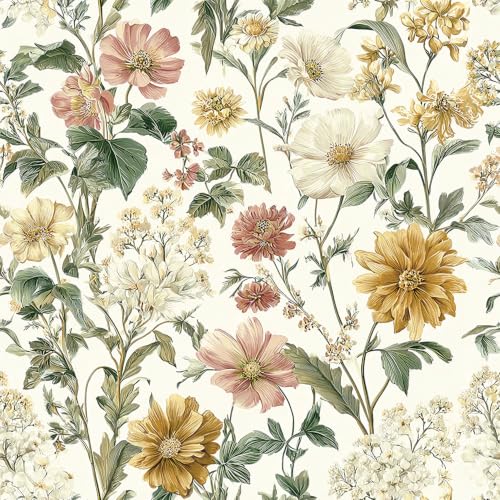Floral Peel and Stick Wallpaper Vintage Floral Contact Paper Boho Flower Wallpaper Peel and Stick Removable Self Adhesive Wall Paper for Cabinets Bathroom Decorative Vinyl