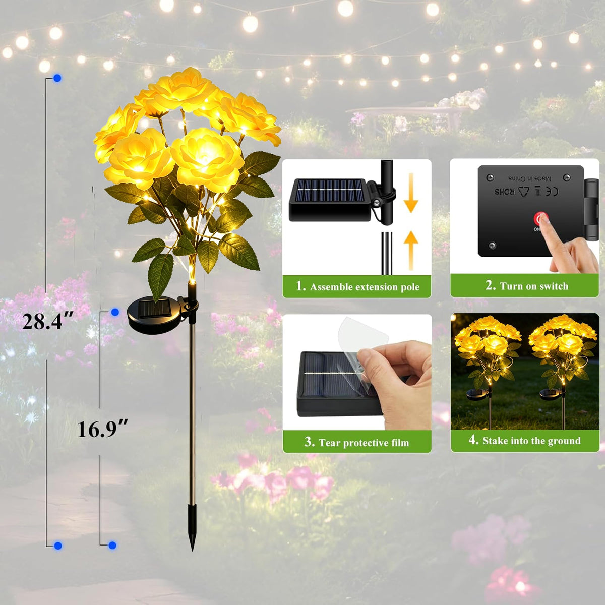 Solar 7 Head Rose Flower Lights Outdoor (Yellow)