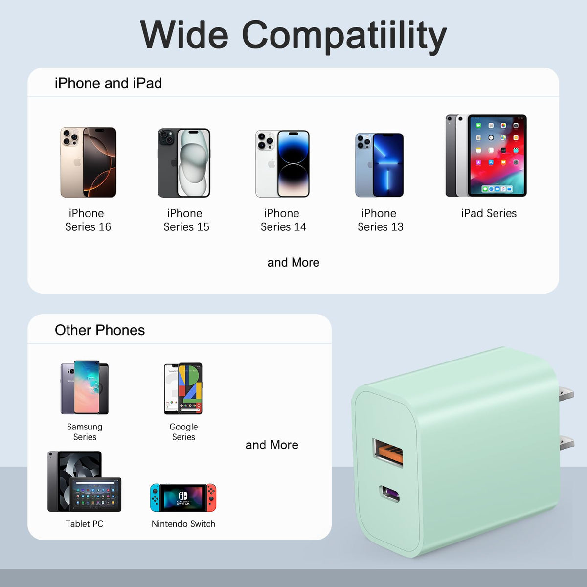 USB C Charger Block Fast Charging Block Type C Charger Multiport Adapter (Green / 20W2Pack)
