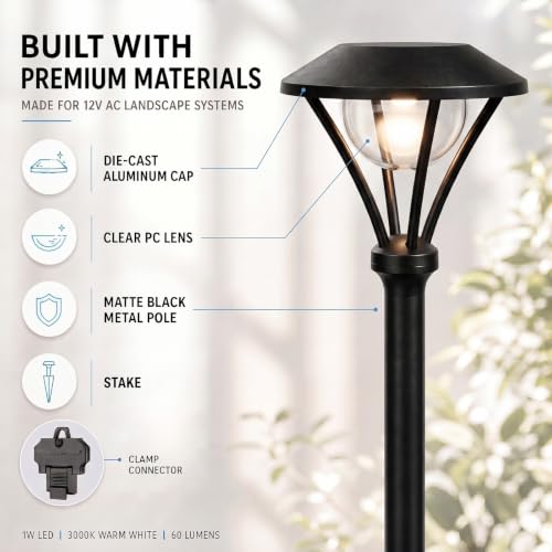 Pathway Lights Low Voltage Outdoor Landscape Lighting 1W 60 Lumen 3000K 12V AC Path Lights Warm White Light with Connector Spike Stake for Garden Yard Driveway Lawn