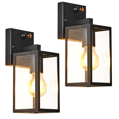 10.6" Motion Sensor Outdoor Wall Sconce Clear Glass Waterproof Exterior Wall Light Porch Light Lantern for Garage Patio Doorway Garden