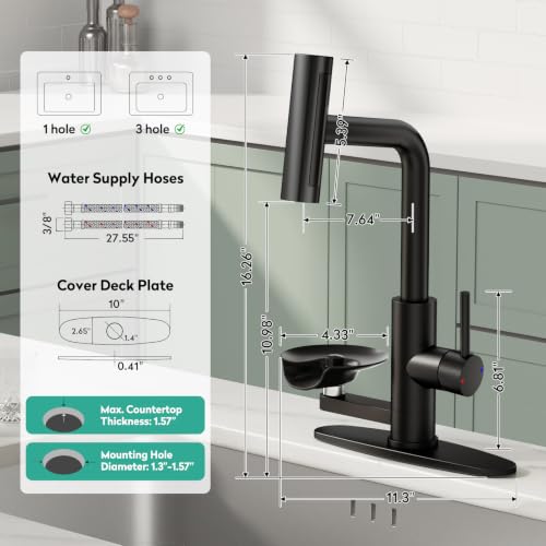 Waterfall Kitchen Faucets with Glass Rinser & Pull Down Sprayer