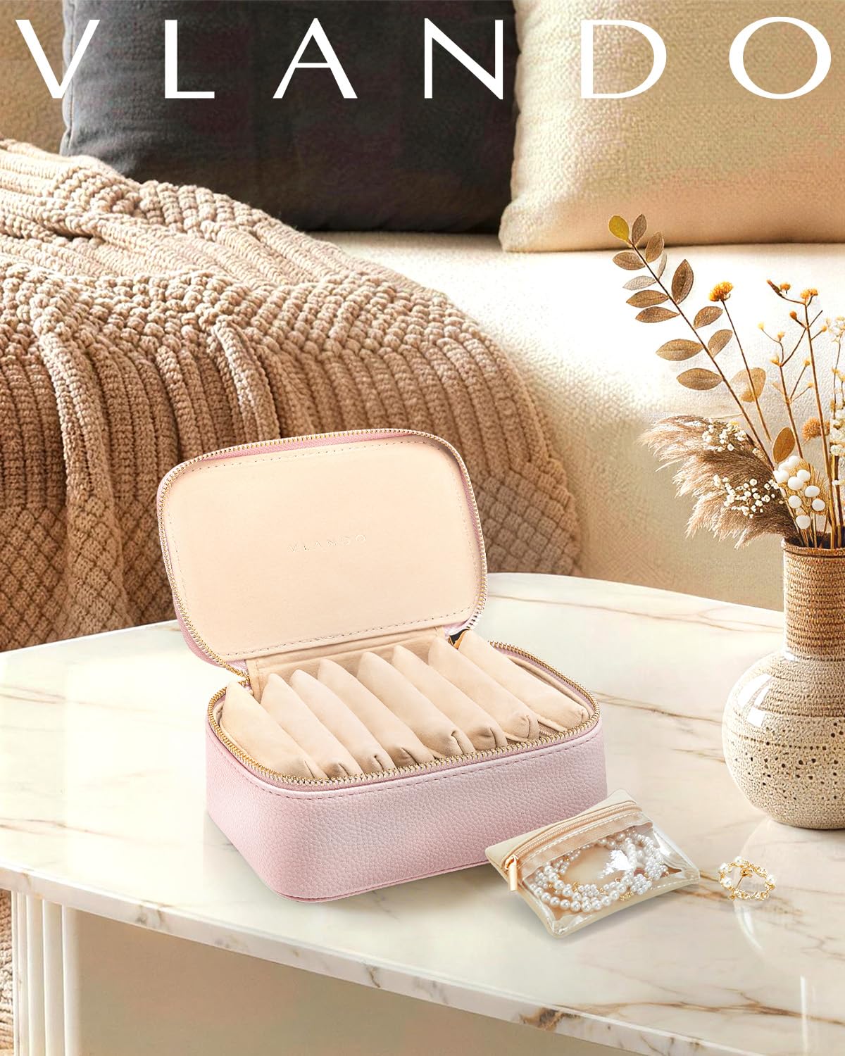 Jewelry Travel Case with 8 Clear Velvet Zipper Pouches (C.8 PCS Pink)