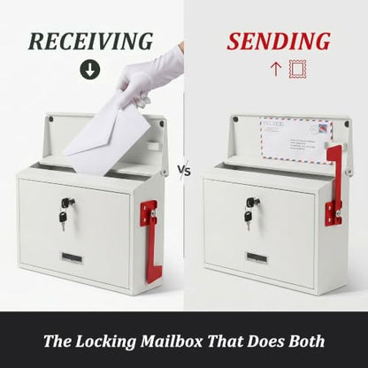 Locking Wall Mount Mailbox with Outgoing Mail Flag & Spring Clip (White)